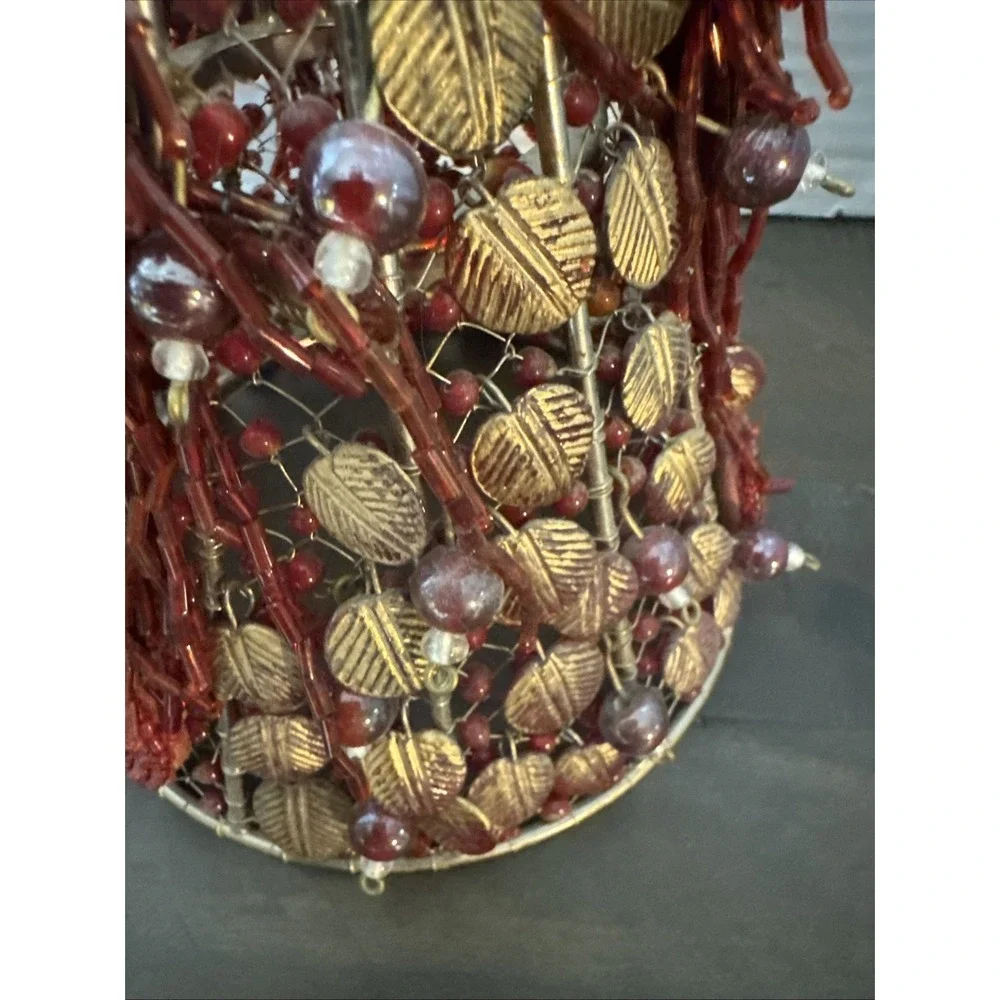 2- Iridescent Red Glass Beaded Wire Wrapped Lamp Shades 4.75